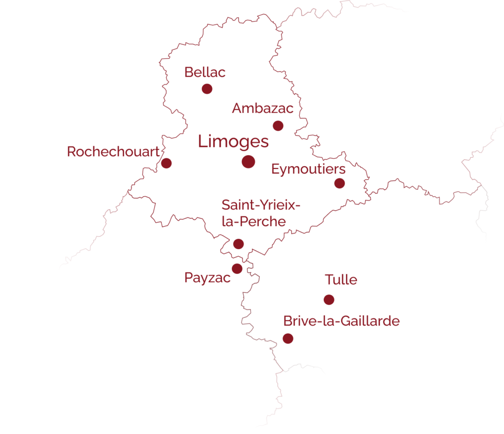 carte zone désservie par les Ateliers de dégustation de vin à domicile, Limoges, Haute-Vienne, Eymoutiers, Tulle, Brive-La-Gaillarde, Payzac, Ambazac, Rochecouart